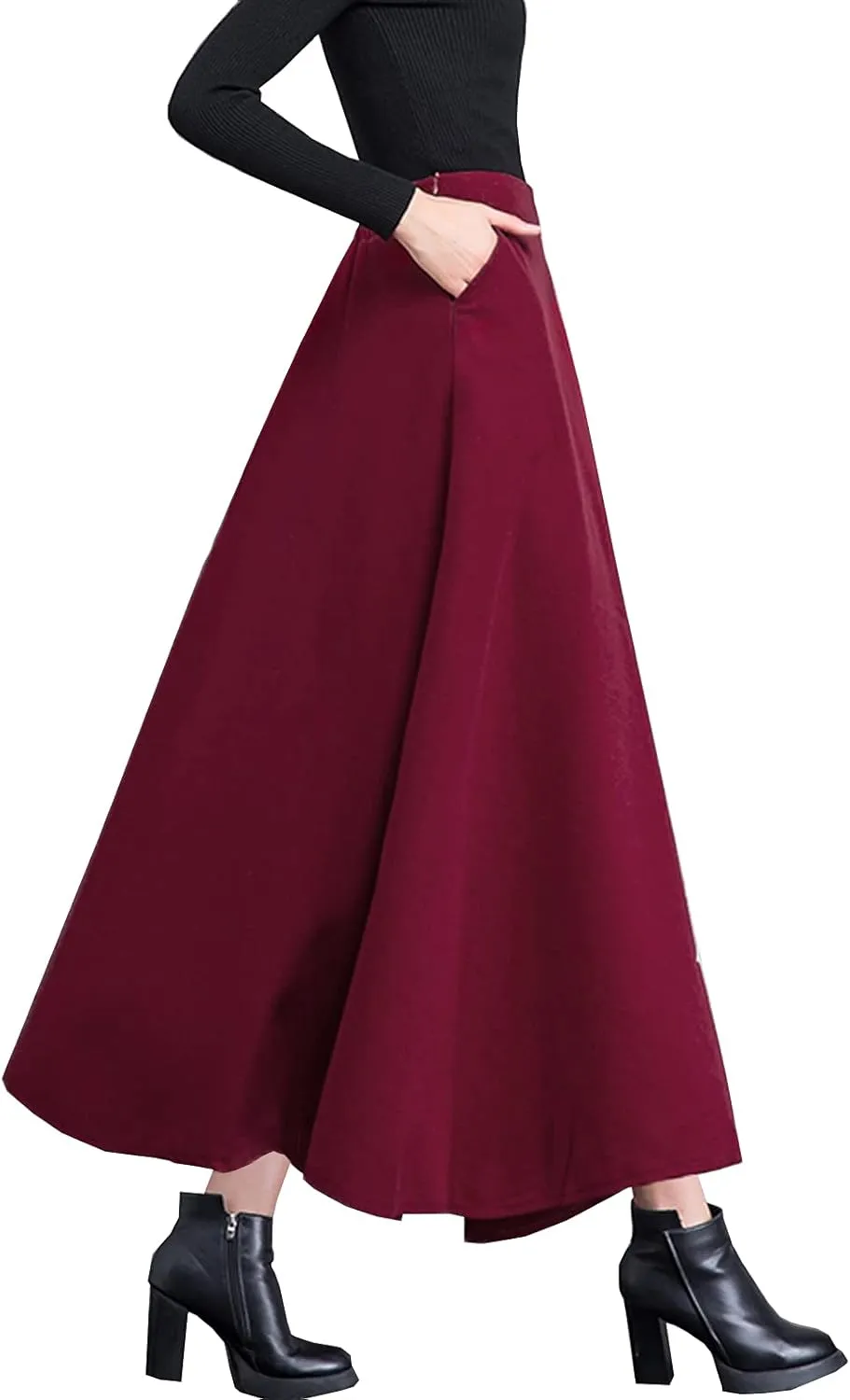 Women's High Elastic Waist Maxi Wool Skirt A-line Plaid Winter Warm Flare Long Skirt