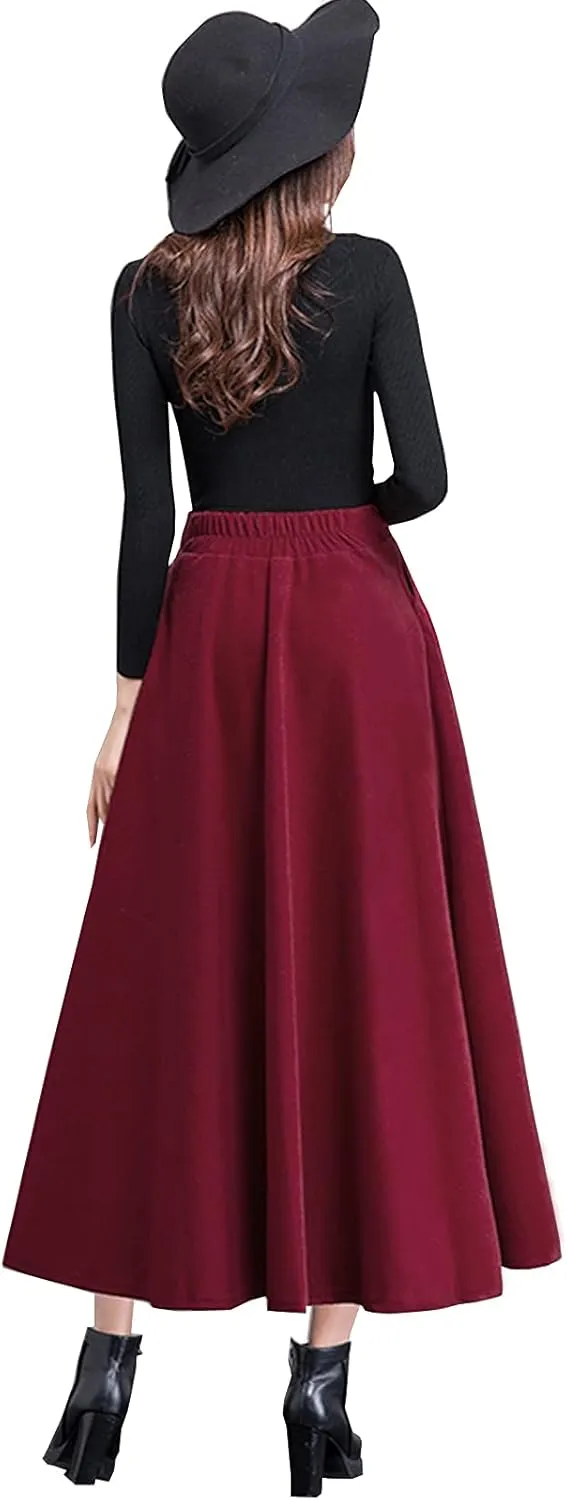 Women's High Elastic Waist Maxi Wool Skirt A-line Plaid Winter Warm Flare Long Skirt