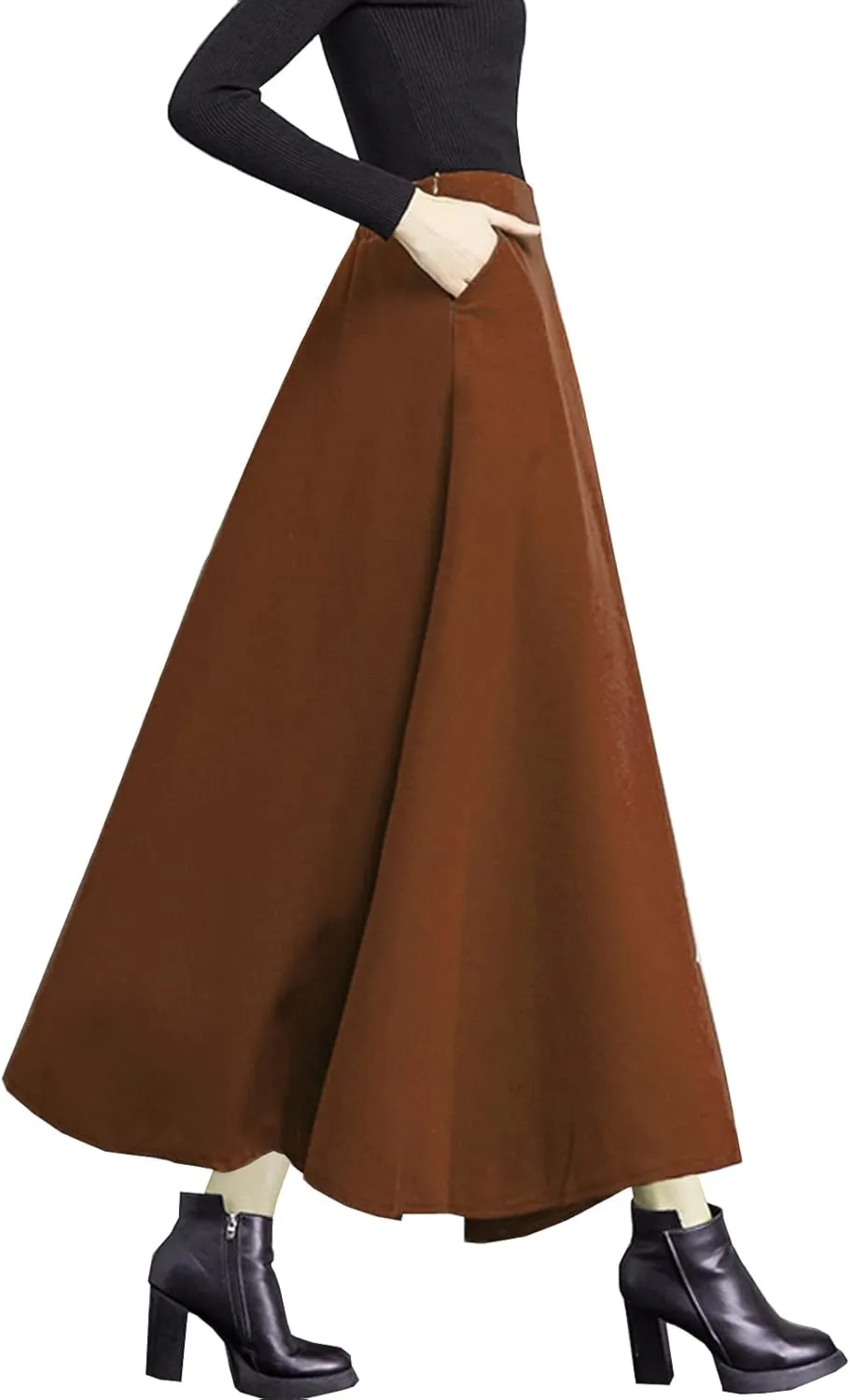 Women's High Elastic Waist Maxi Wool Skirt A-line Plaid Winter Warm Flare Long Skirt