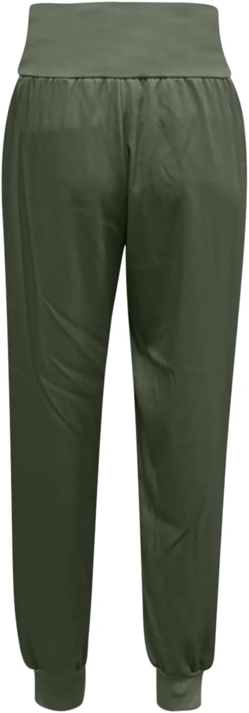 Womens High Waistband Pants Elastic Smocked Waist Side Slit Cinched Bottom Trousers Lightweight Joggers Hiking Tapered Pants