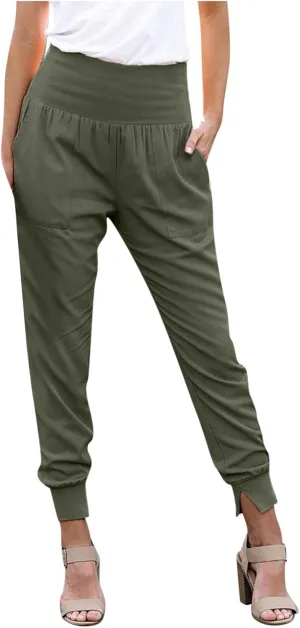 Womens High Waistband Pants Elastic Smocked Waist Side Slit Cinched Bottom Trousers Lightweight Joggers Hiking Tapered Pants