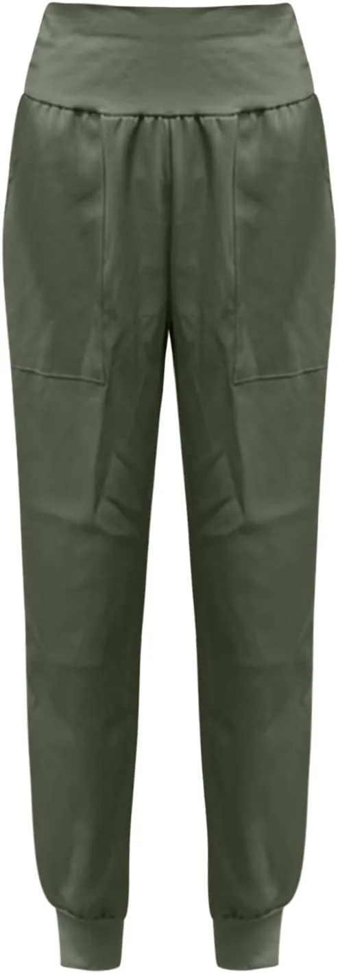 Womens High Waistband Pants Elastic Smocked Waist Side Slit Cinched Bottom Trousers Lightweight Joggers Hiking Tapered Pants