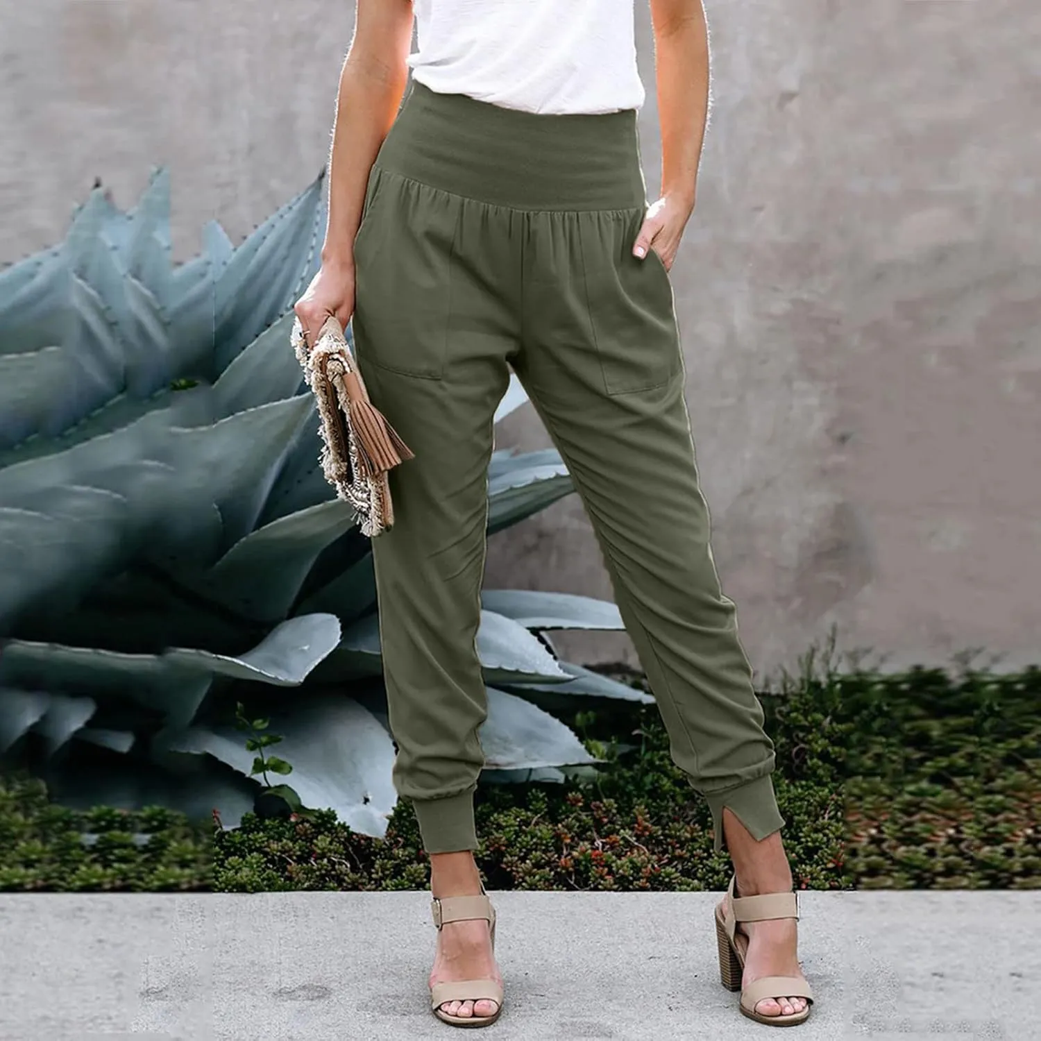Womens High Waistband Pants Elastic Smocked Waist Side Slit Cinched Bottom Trousers Lightweight Joggers Hiking Tapered Pants