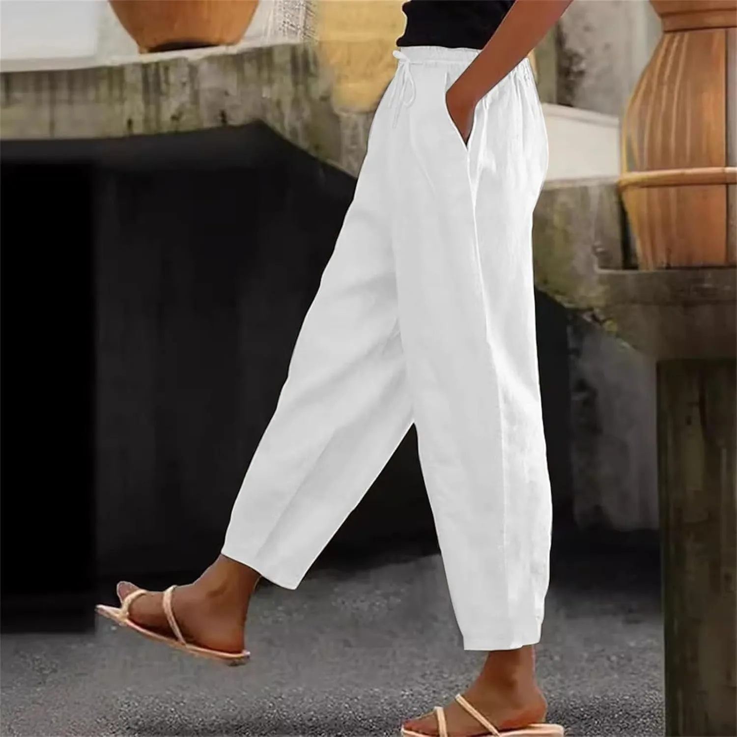 Women's High Waisted Straight Leg Pants Stretchy Business Casual Beach Pants Plus Size Work Trousers with Pockets