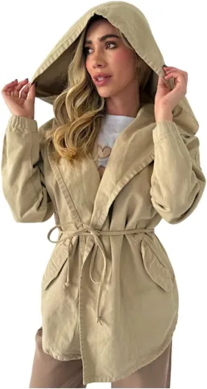 Womens hoddie denim Jacket Oversized tie waist jean jacket with hood