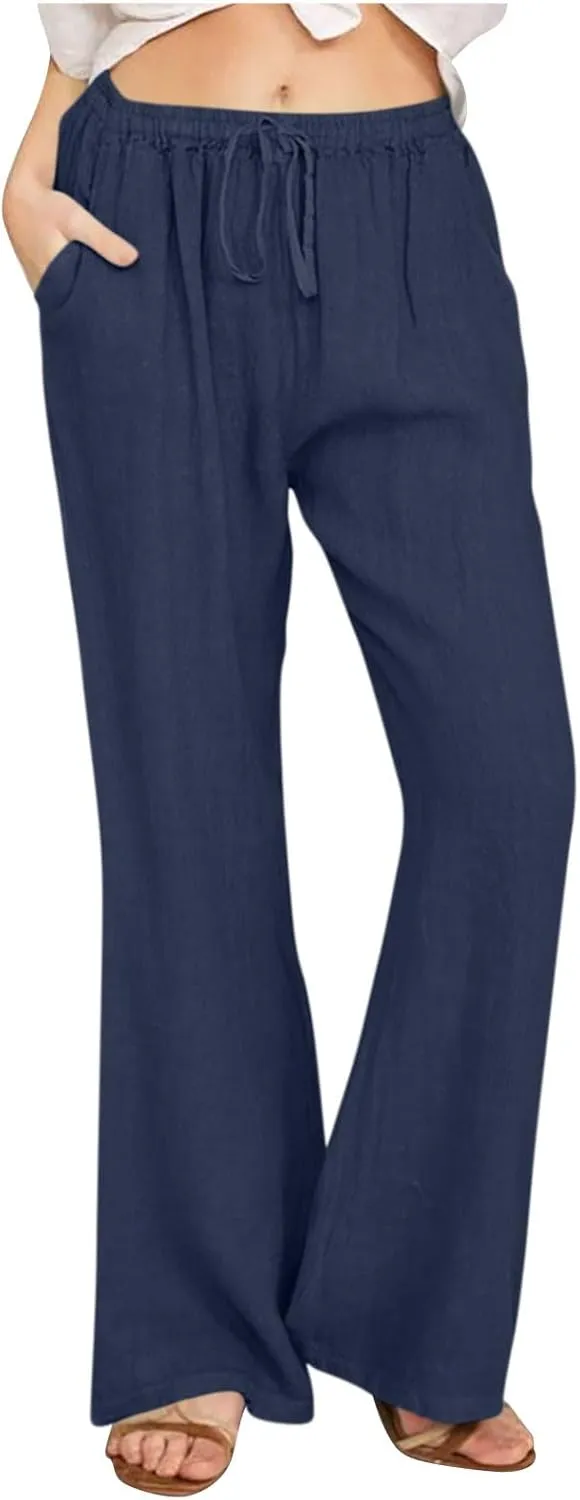 Womens Linen Blend High Waisted Pants Elastic Waist with Drawstring and Pockets,Casual Flared Lounge Trousers
