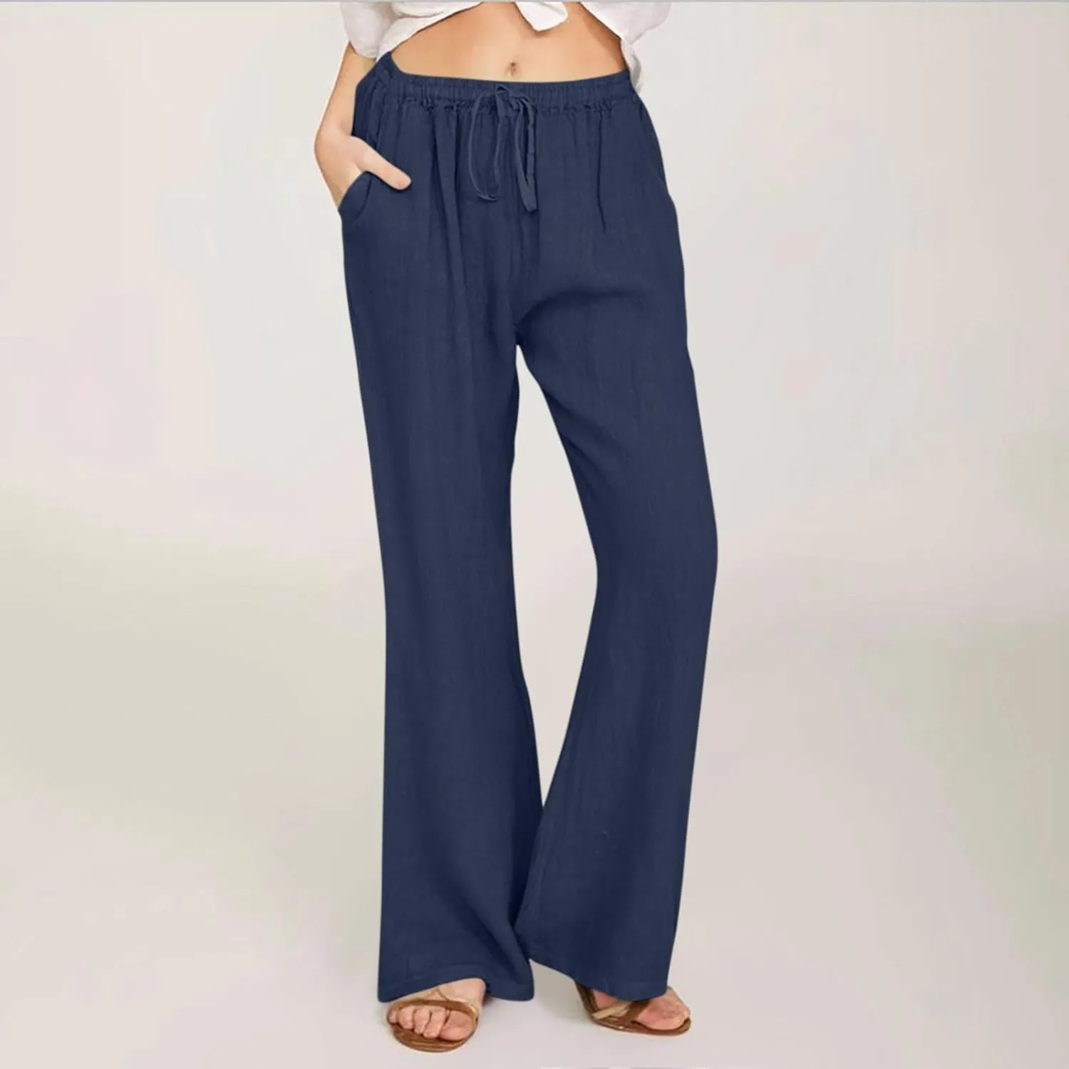 Womens Linen Blend High Waisted Pants Elastic Waist with Drawstring and Pockets,Casual Flared Lounge Trousers