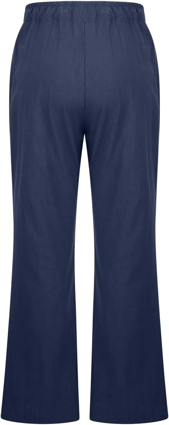 Womens Linen Blend High Waisted Pants Elastic Waist with Drawstring and Pockets,Casual Flared Lounge Trousers