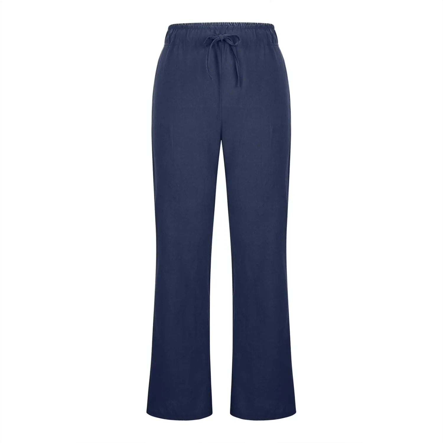 Womens Linen Blend High Waisted Pants Elastic Waist with Drawstring and Pockets,Casual Flared Lounge Trousers