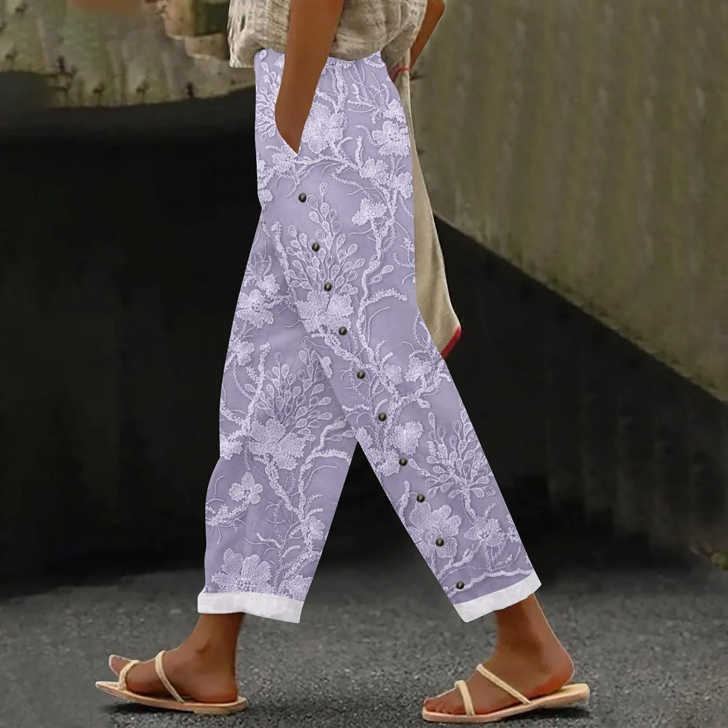 Womens Linen Capri Pants Elastic Waist Drawstring Petite Summer Beachwear Straight Leg Lounge Trousers with Pockets
