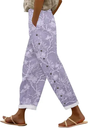 Womens Linen Capri Pants Elastic Waist Drawstring Petite Summer Beachwear Straight Leg Lounge Trousers with Pockets