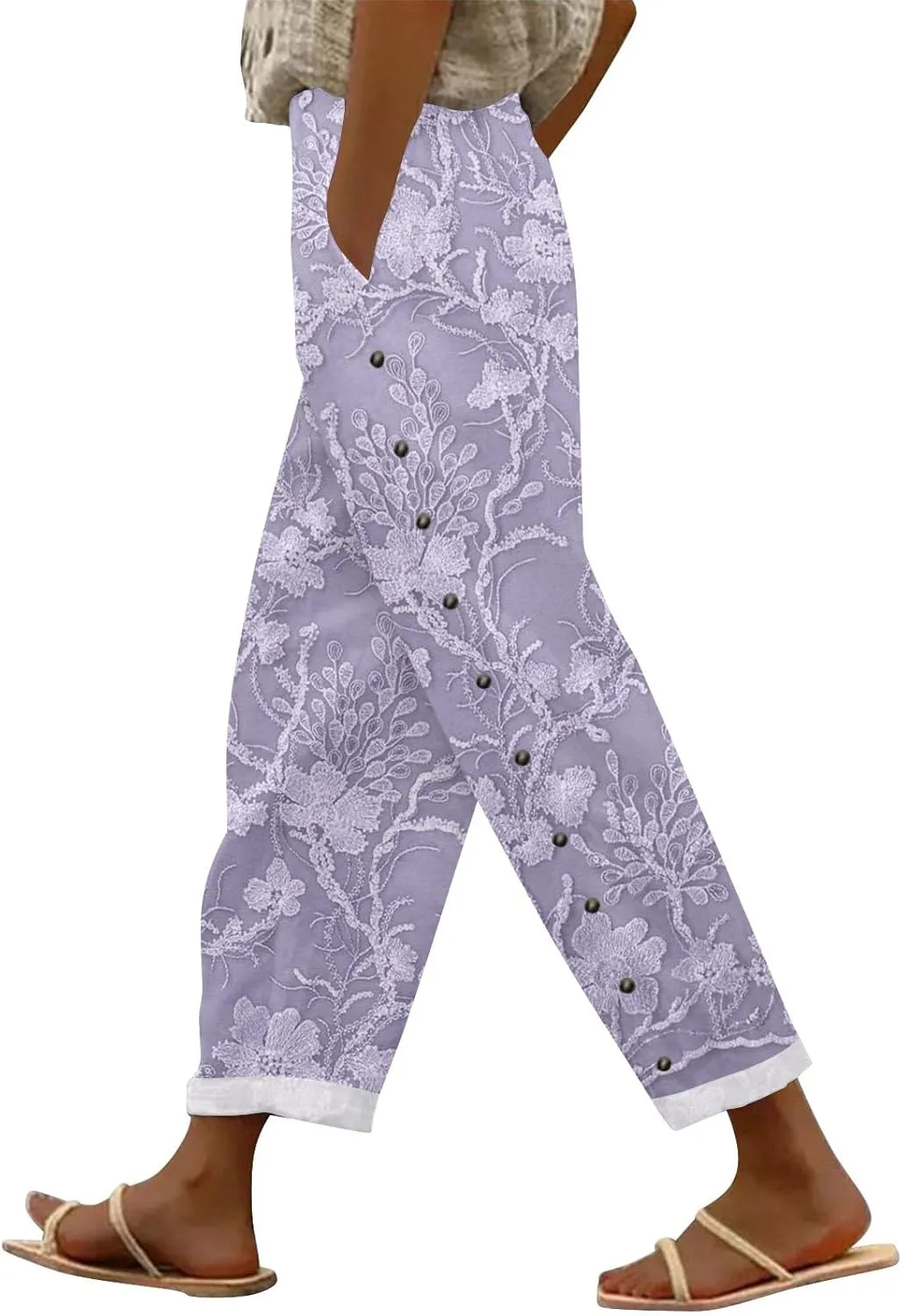 Womens Linen Capri Pants Elastic Waist Drawstring Petite Summer Beachwear Straight Leg Lounge Trousers with Pockets
