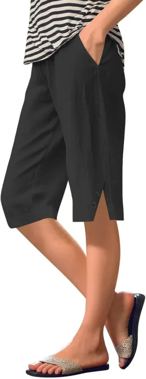 Women's Linen Capri Pants Knee Length Slit Button Casual Beach Shorts Summer Straight Leg Trousers with Pockets