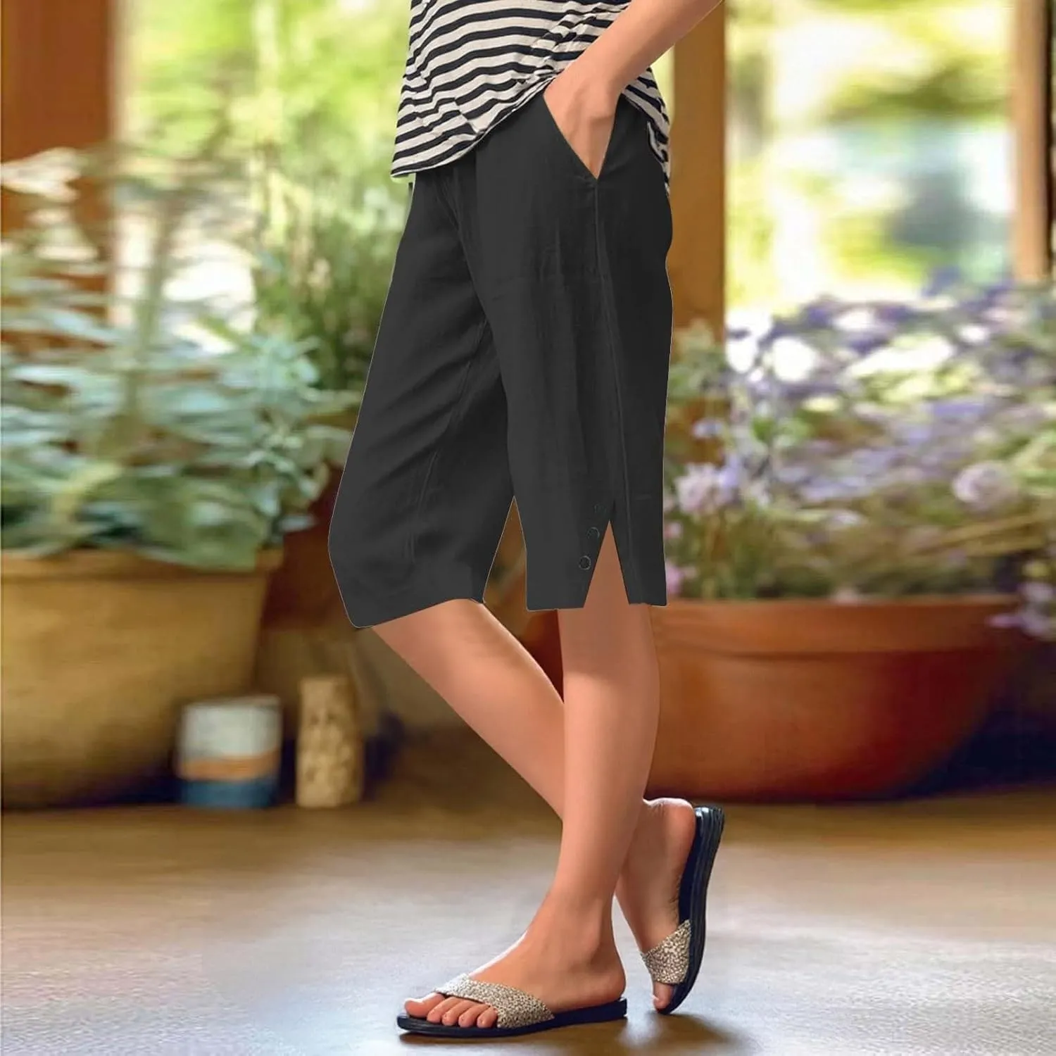 Women's Linen Capri Pants Knee Length Slit Button Casual Beach Shorts Summer Straight Leg Trousers with Pockets