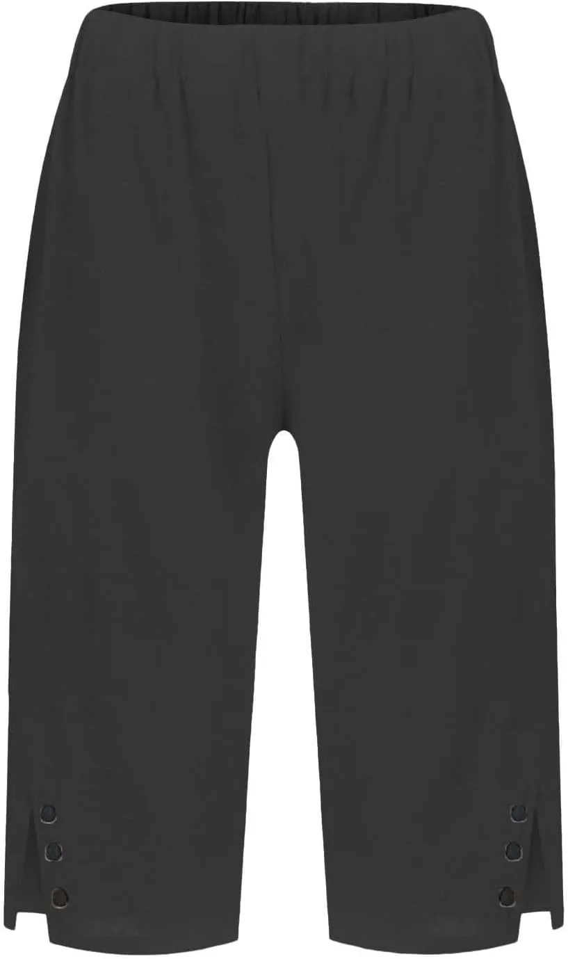 Women's Linen Capri Pants Knee Length Slit Button Casual Beach Shorts Summer Straight Leg Trousers with Pockets