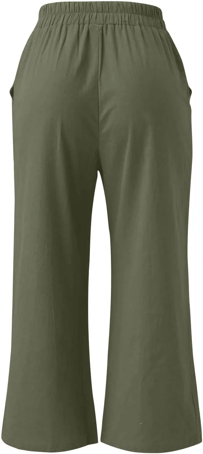 Womens Linen Capri Pants Wide Leg Palazzo Lounge Pant Summer High Waisted Flowy 2024 Beach Work Boho Casual Trousers