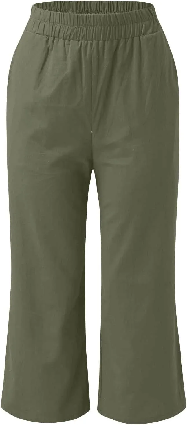 Womens Linen Capri Pants Wide Leg Palazzo Lounge Pant Summer High Waisted Flowy 2024 Beach Work Boho Casual Trousers