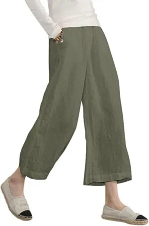 Womens Linen Capri Pants Wide Leg Palazzo Lounge Pant Summer High Waisted Flowy 2024 Beach Work Boho Casual Trousers