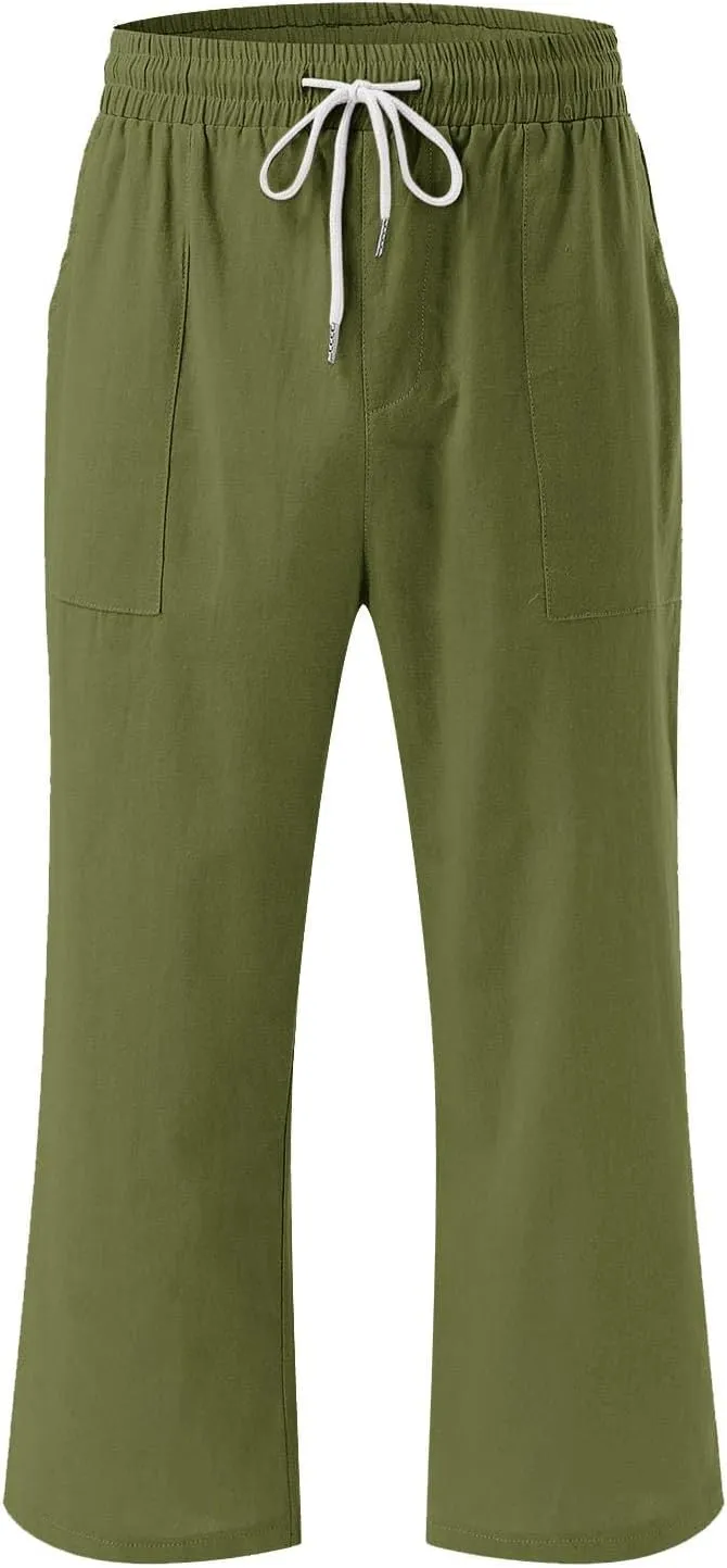 Womens Linen Capris Pants Summer Casual Drawstring Pants High Waisted Comfy Lightweight Loose Trousers with Pockets