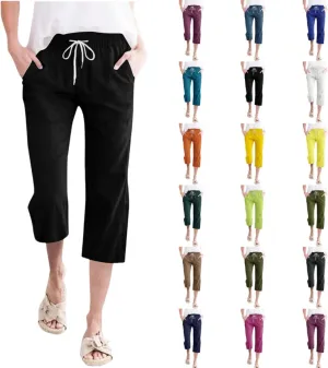 Womens Linen Capris Pants Summer Casual Drawstring Pants High Waisted Comfy Lightweight Loose Trousers with Pockets