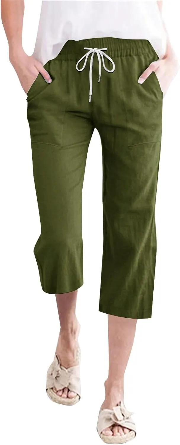 Womens Linen Capris Pants Summer Casual Drawstring Pants High Waisted Comfy Lightweight Loose Trousers with Pockets