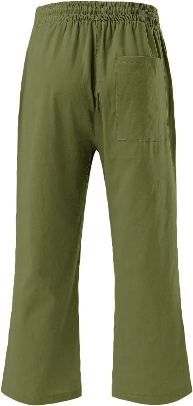 Womens Linen Capris Pants Summer Casual Drawstring Pants High Waisted Comfy Lightweight Loose Trousers with Pockets