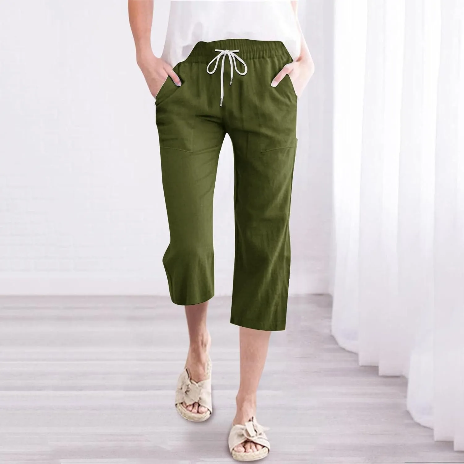 Womens Linen Capris Pants Summer Casual Drawstring Pants High Waisted Comfy Lightweight Loose Trousers with Pockets