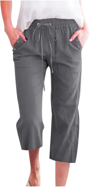 Womens Linen Cropped Pants Casual Drawstring Elastic Waist Wide Leg Trousers Summer Straight Capri Pants with Pockets