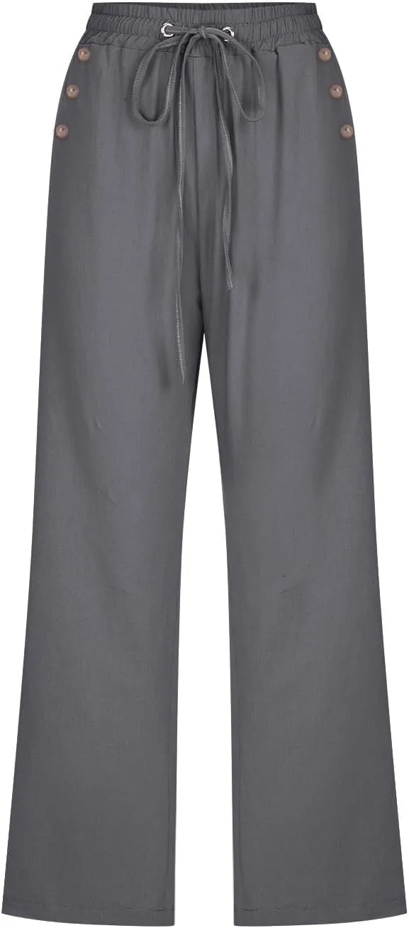 Womens Linen Cropped Pants Casual Drawstring Elastic Waist Wide Leg Trousers Summer Straight Capri Pants with Pockets