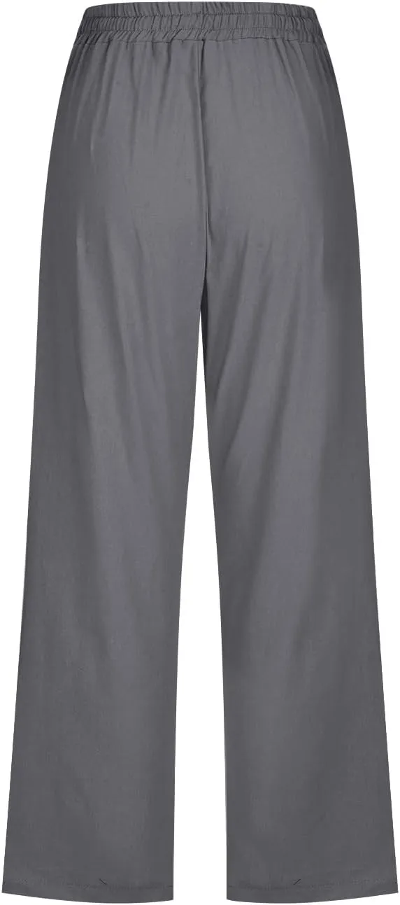 Womens Linen Cropped Pants Casual Drawstring Elastic Waist Wide Leg Trousers Summer Straight Capri Pants with Pockets