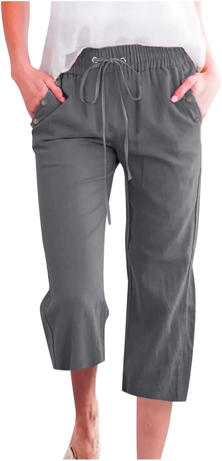 Womens Linen Cropped Pants Casual Drawstring Elastic Waist Wide Leg Trousers Summer Straight Capri Pants with Pockets