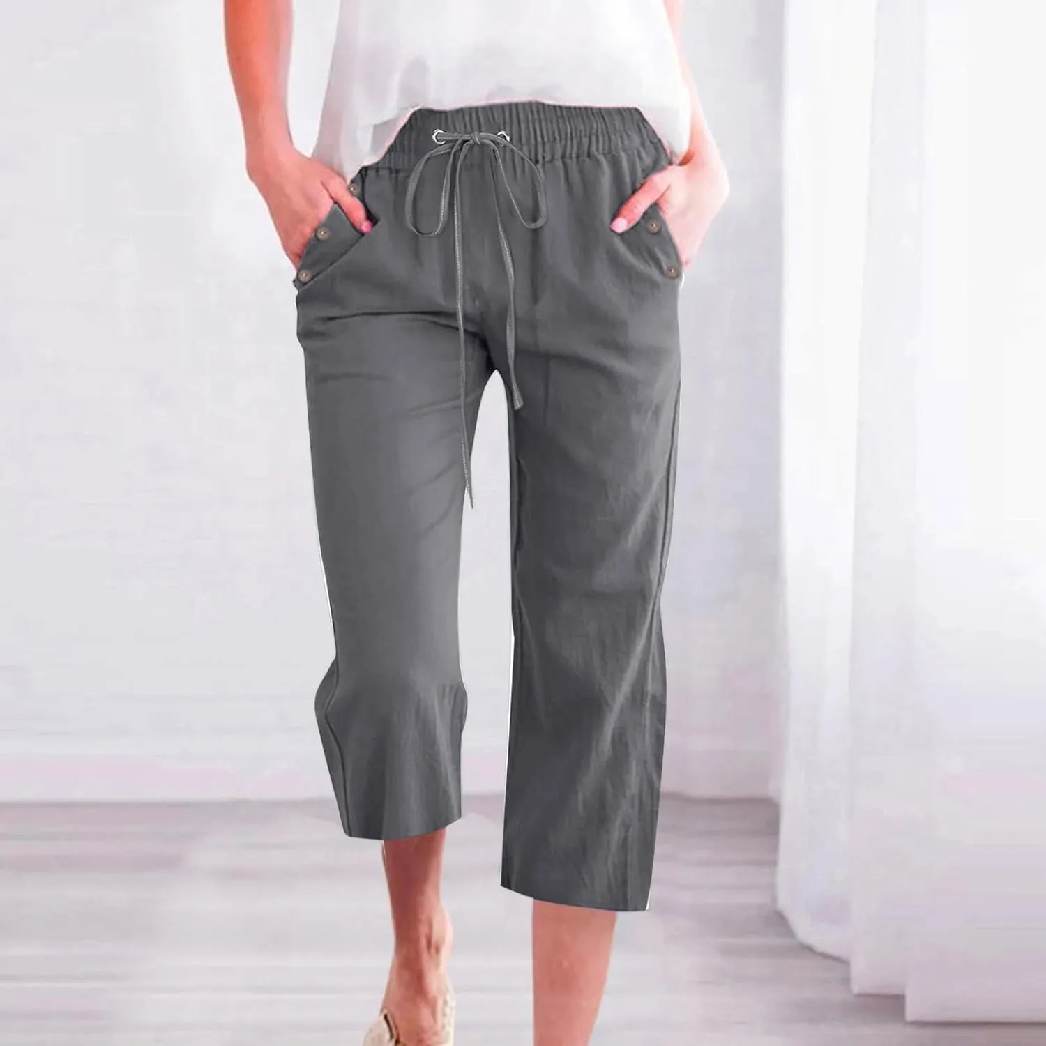 Womens Linen Cropped Pants Casual Drawstring Elastic Waist Wide Leg Trousers Summer Straight Capri Pants with Pockets