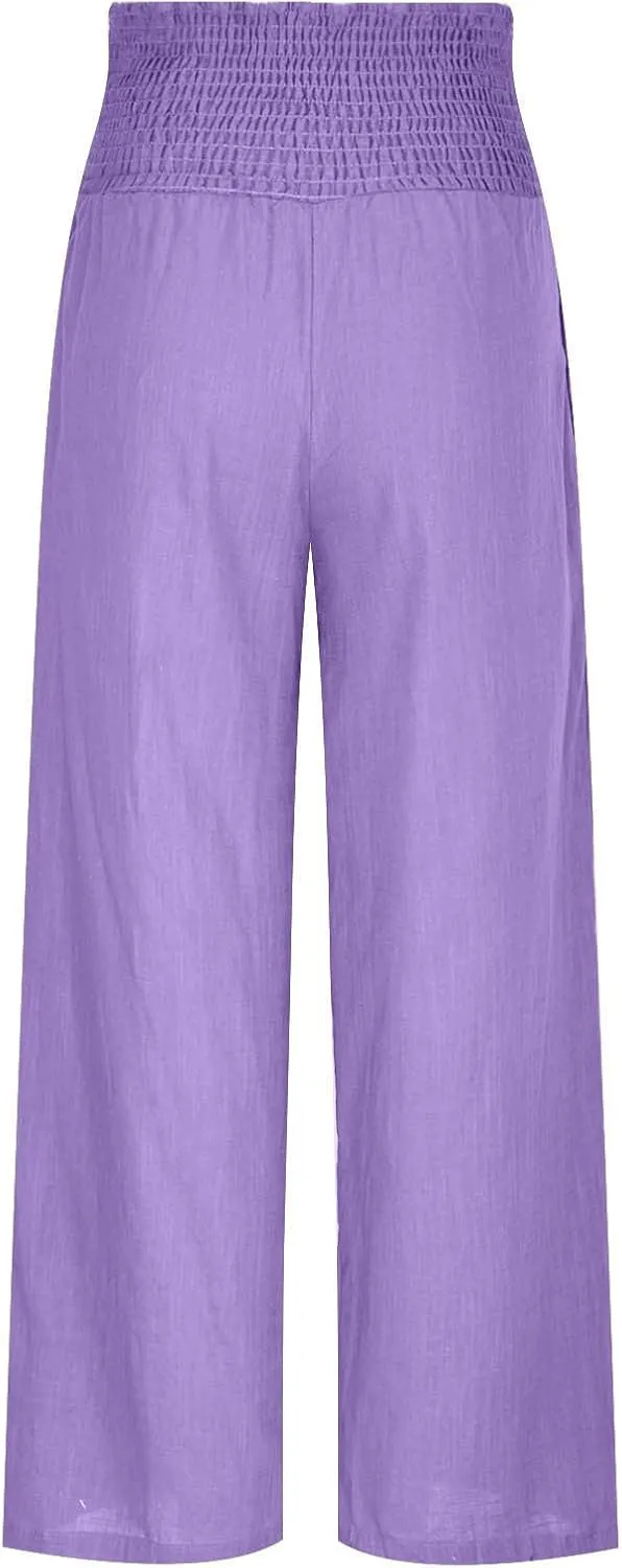 Womens Linen Palazzo Pants 2025 Summer Wide Leg Trouser High Waist Casual Lounge Pant Beach Travel Vacation Outfits