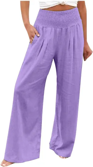 Womens Linen Palazzo Pants 2025 Summer Wide Leg Trouser High Waist Casual Lounge Pant Beach Travel Vacation Outfits