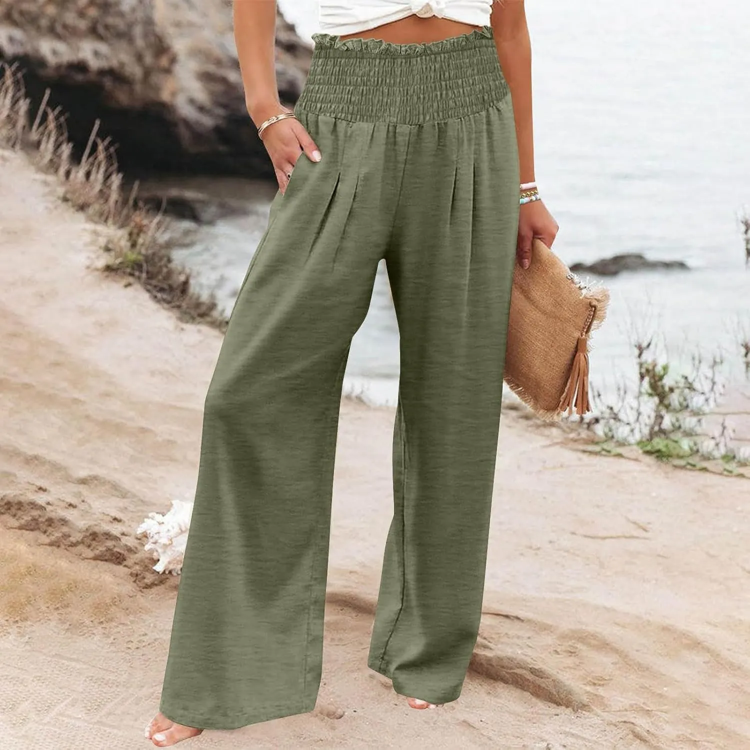 Womens Linen Palazzo Pants Summer Casual Boho Wide Leg Elastic High Waist Lounge Pants Beach Trousers with Pockets