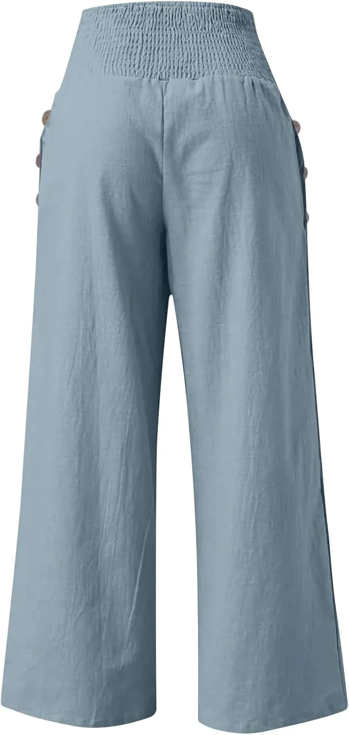 Womens Linen Pants 2025 Summer Casual Wide Leg Palazzo Pants Loose Smocked High Waist Work Slack Flowy Beach Trousers