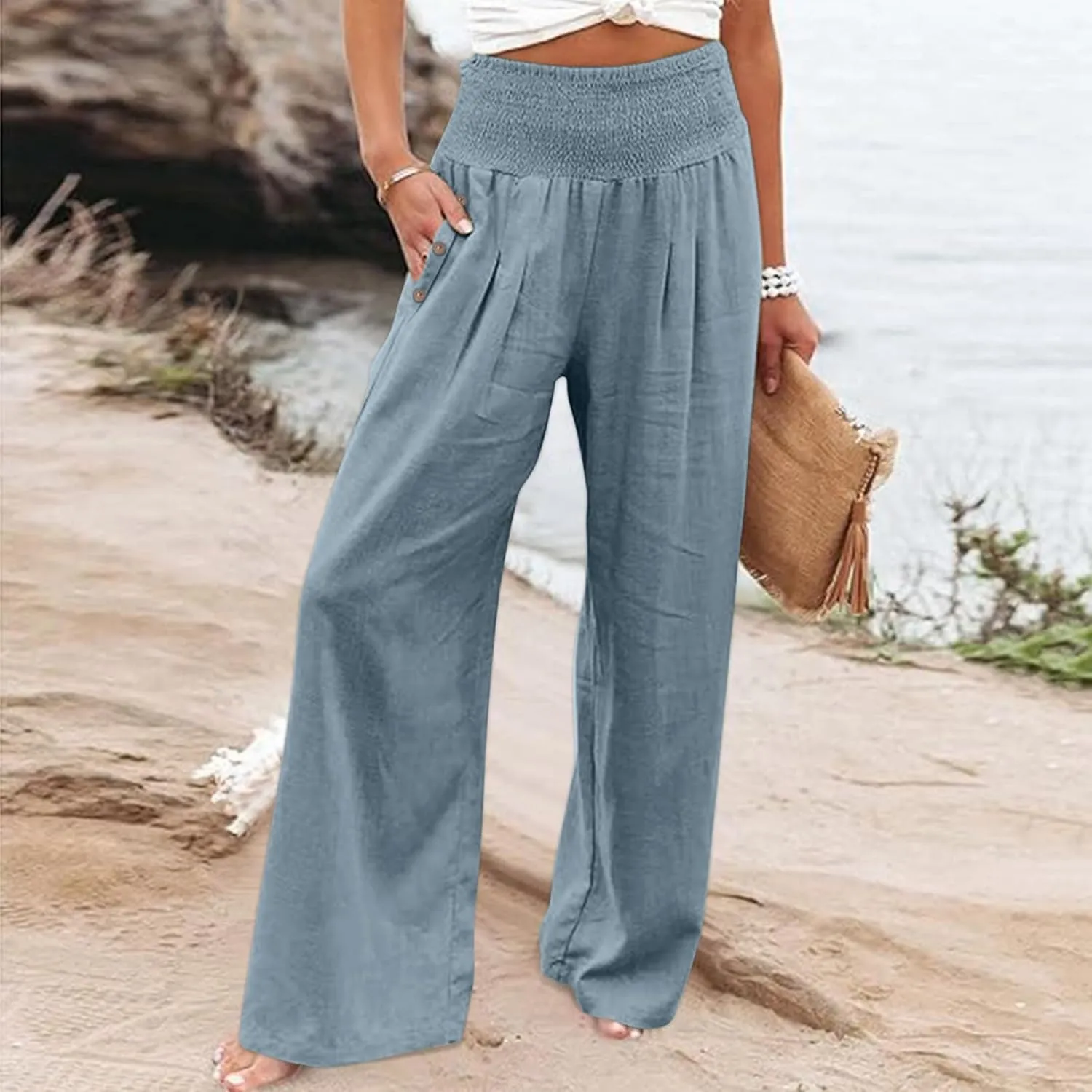 Womens Linen Pants 2025 Summer Casual Wide Leg Palazzo Pants Loose Smocked High Waist Work Slack Flowy Beach Trousers