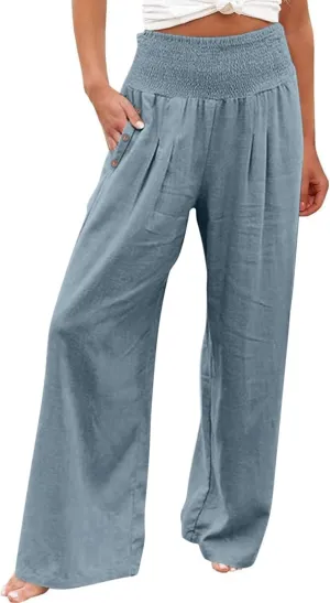 Womens Linen Pants 2025 Summer Casual Wide Leg Palazzo Pants Loose Smocked High Waist Work Slack Flowy Beach Trousers