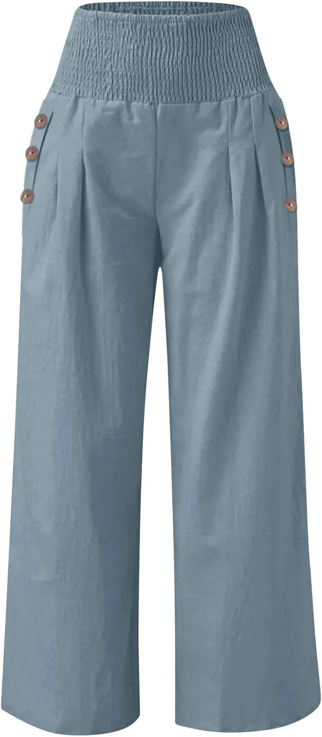 Womens Linen Pants 2025 Summer Casual Wide Leg Palazzo Pants Loose Smocked High Waist Work Slack Flowy Beach Trousers