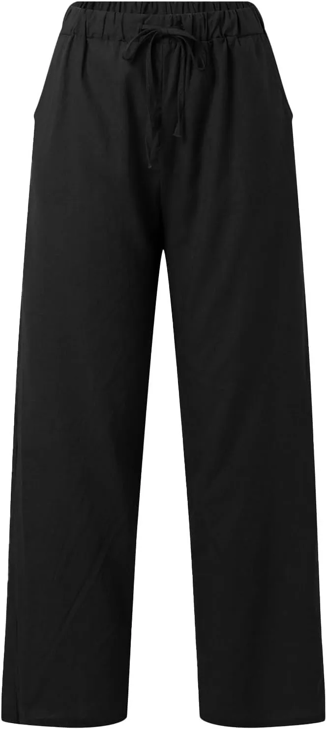 Womens Linen Pants Casual Loose Lightweight Wide Leg Trousers with Pockets Straight Leg Lounge High Waisted Elastic