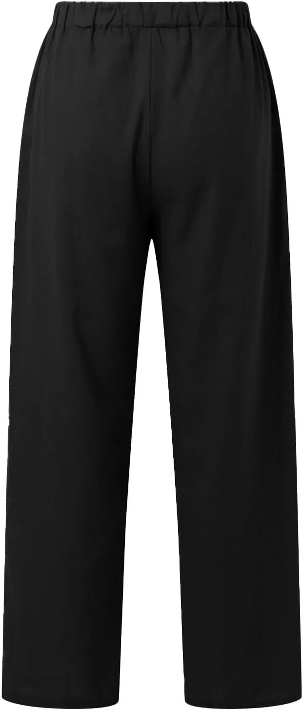 Womens Linen Pants Casual Loose Lightweight Wide Leg Trousers with Pockets Straight Leg Lounge High Waisted Elastic