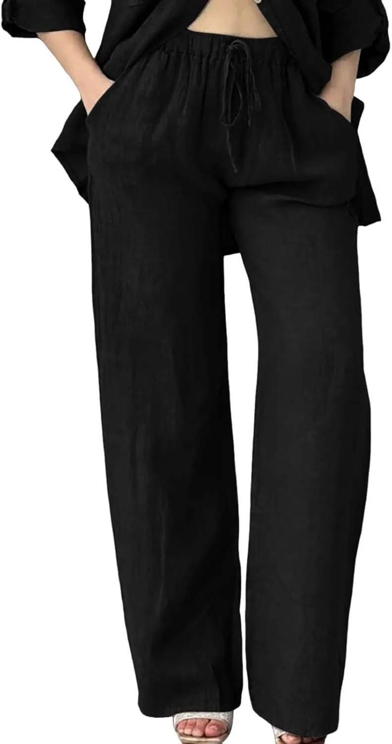Womens Linen Pants Casual Loose Lightweight Wide Leg Trousers with Pockets Straight Leg Lounge High Waisted Elastic