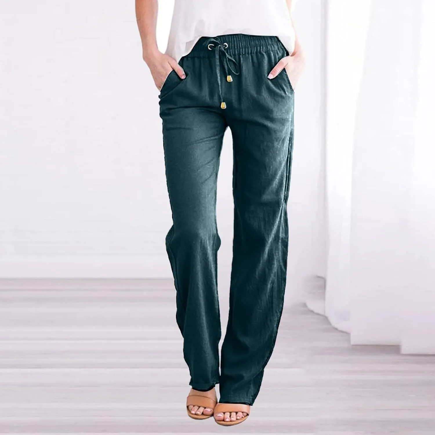 Womens Linen Pants Casual Straight Pants Drawstring Elastic Waist Long Pants Plus Size Comfy Summer Jogger Trousers