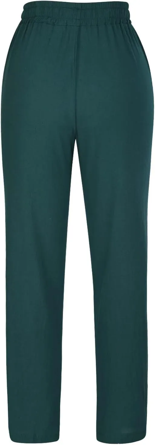 Womens Linen Pants Casual Straight Pants Drawstring Elastic Waist Long Pants Plus Size Comfy Summer Jogger Trousers