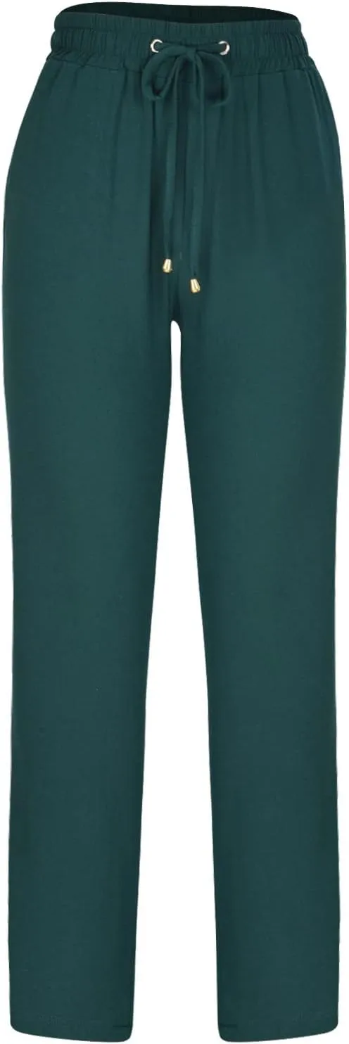 Womens Linen Pants Casual Straight Pants Drawstring Elastic Waist Long Pants Plus Size Comfy Summer Jogger Trousers