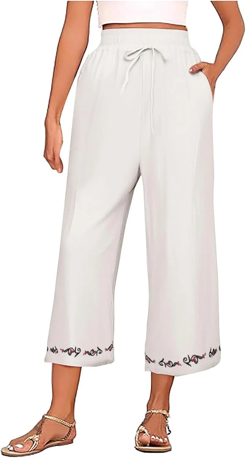 Womens Linen Pants Cotton Linen Embroidered Beach Trousers Summer Casual Wide Leg Cropped Palazzo with Pockets