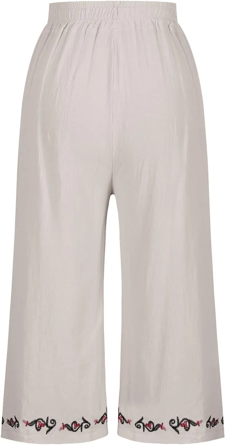 Womens Linen Pants Cotton Linen Embroidered Beach Trousers Summer Casual Wide Leg Cropped Palazzo with Pockets