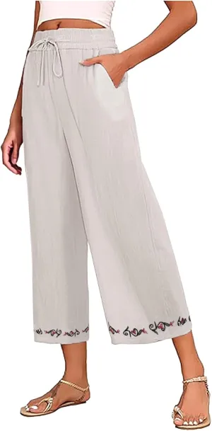 Womens Linen Pants Cotton Linen Embroidered Beach Trousers Summer Casual Wide Leg Cropped Palazzo with Pockets