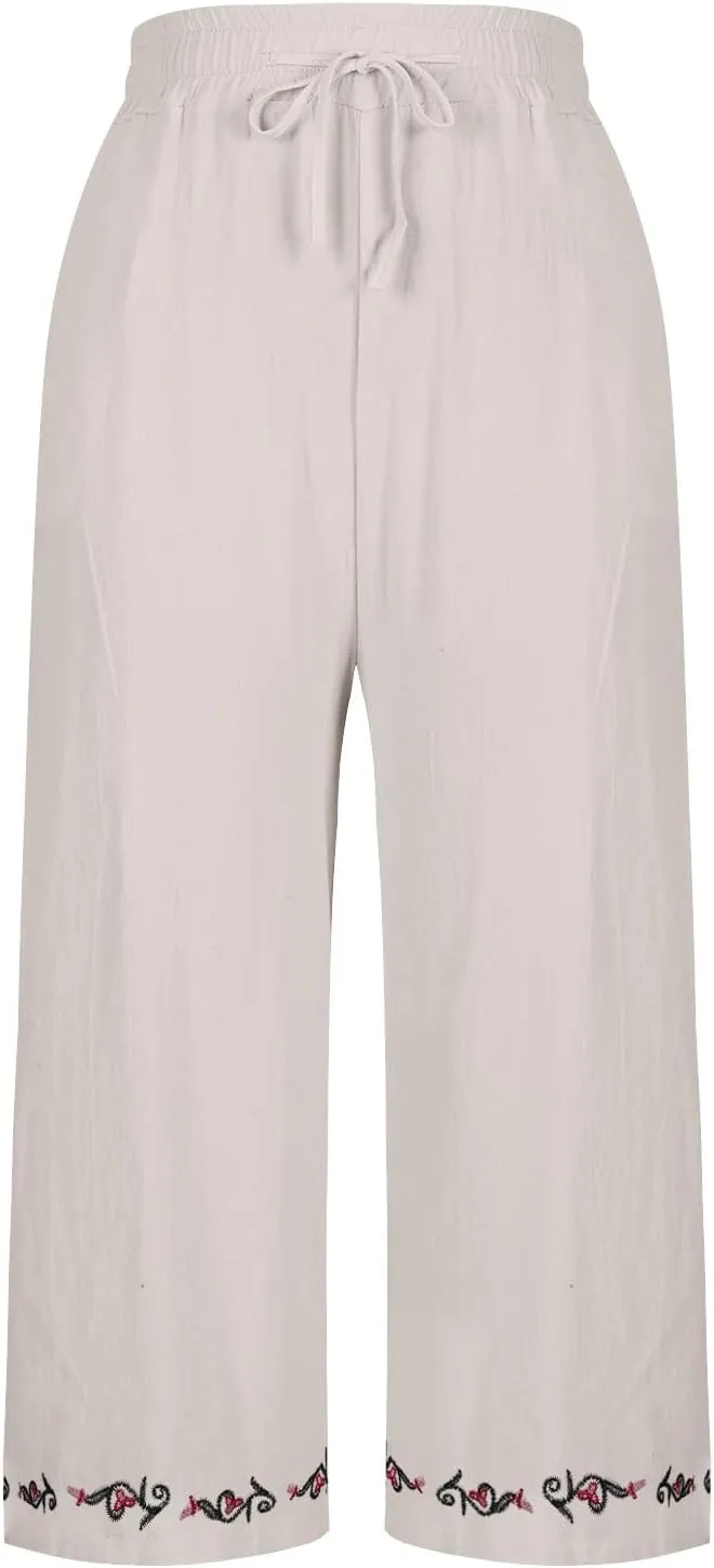 Womens Linen Pants Cotton Linen Embroidered Beach Trousers Summer Casual Wide Leg Cropped Palazzo with Pockets