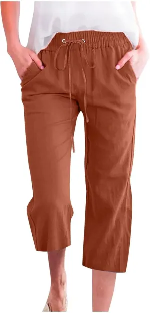 Womens Linen Pants Summer Plus Size Beach Volleyball Pants Cropped Elastic Waist Wide Leg Lounge Pants with Pockets